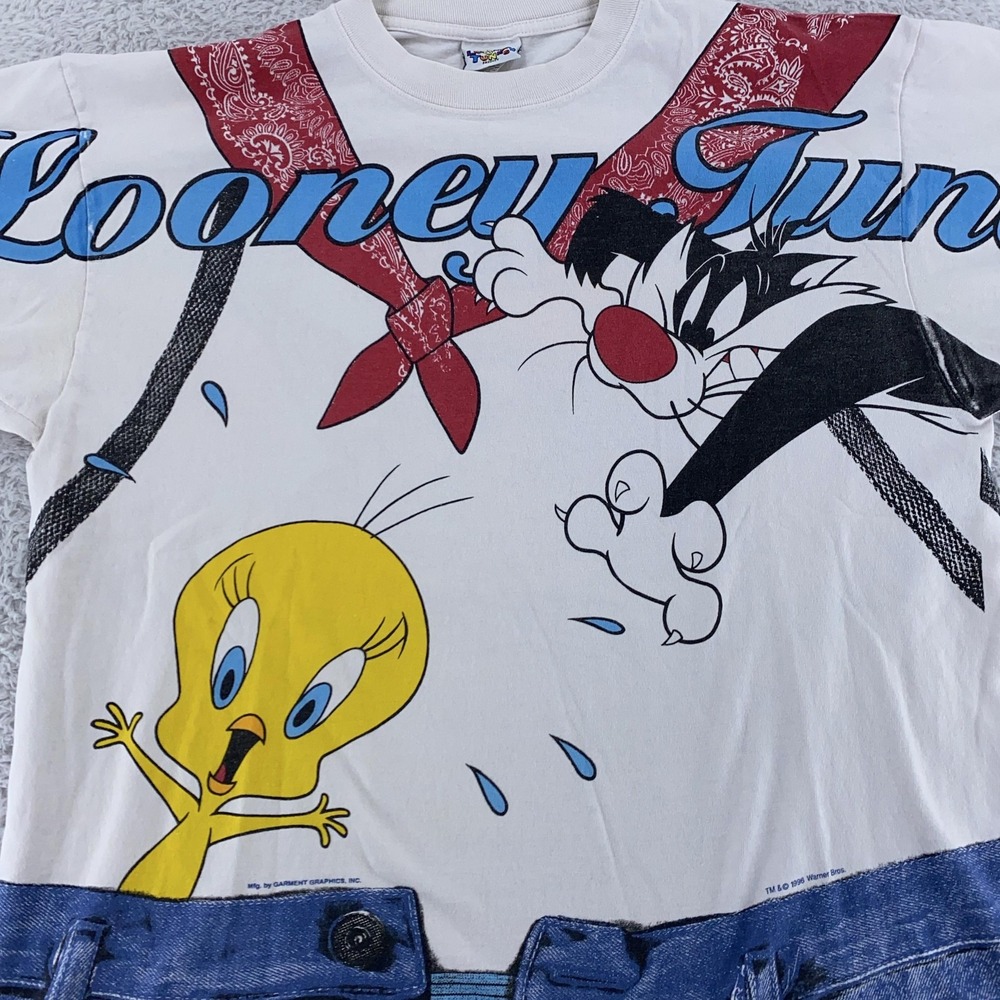 Vtg Looney Tunes All Over Print Shirt L/XL Sylvester‎ Tweety Daffy Duck Cartoon